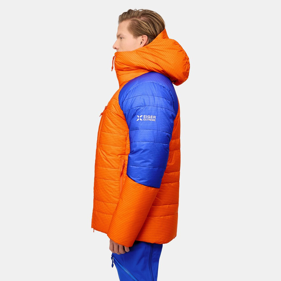 jaqueta com capuz eiger nordwand advanced down in masculina cor laranja eigerazul eiger