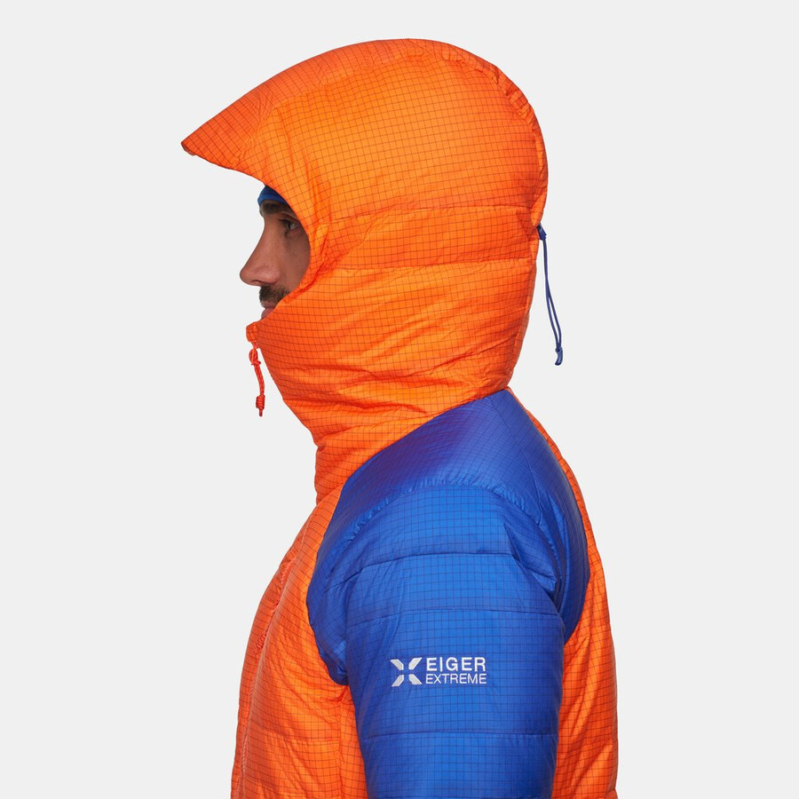 jaqueta com capuz eiger nordwand advanced down in masculina cor laranja eigerazul eiger